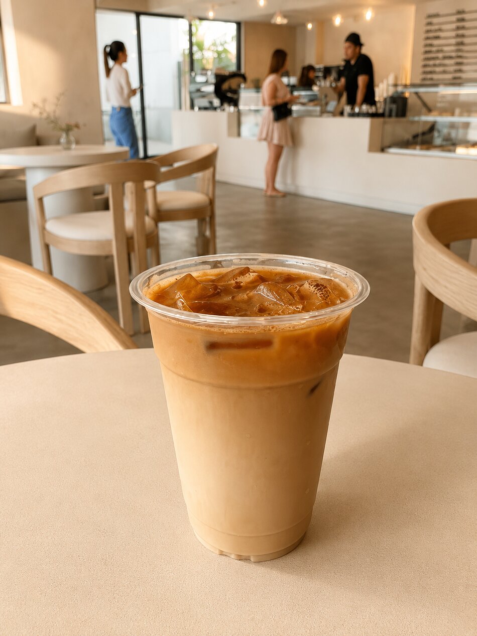 An iced latte on a table with the Vici Café counter in the background