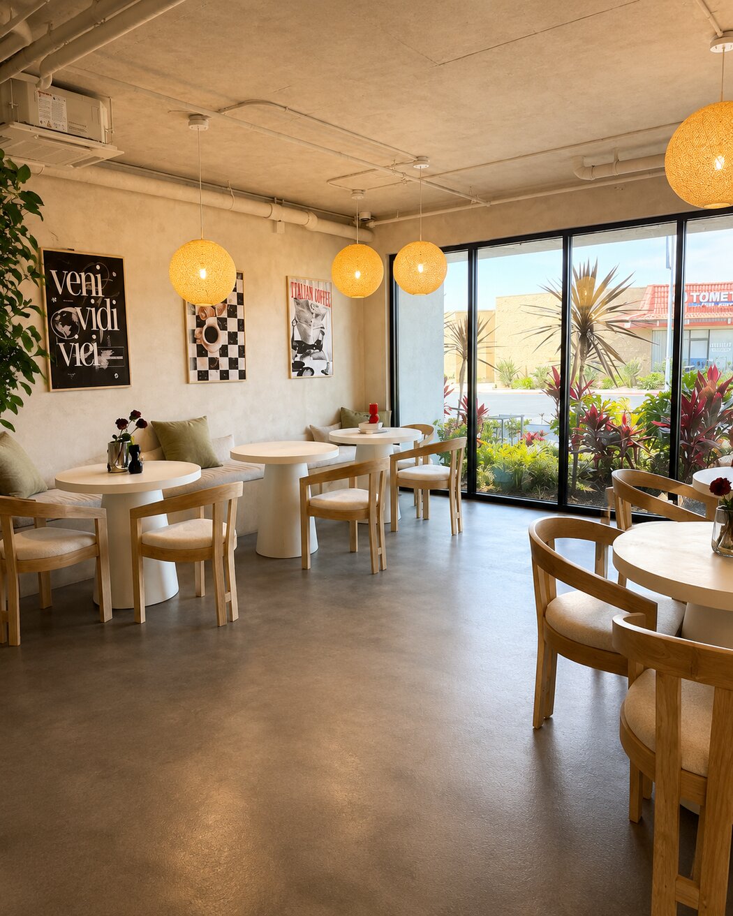 Floor-to-ceiling windows and greenery inside Vici Café