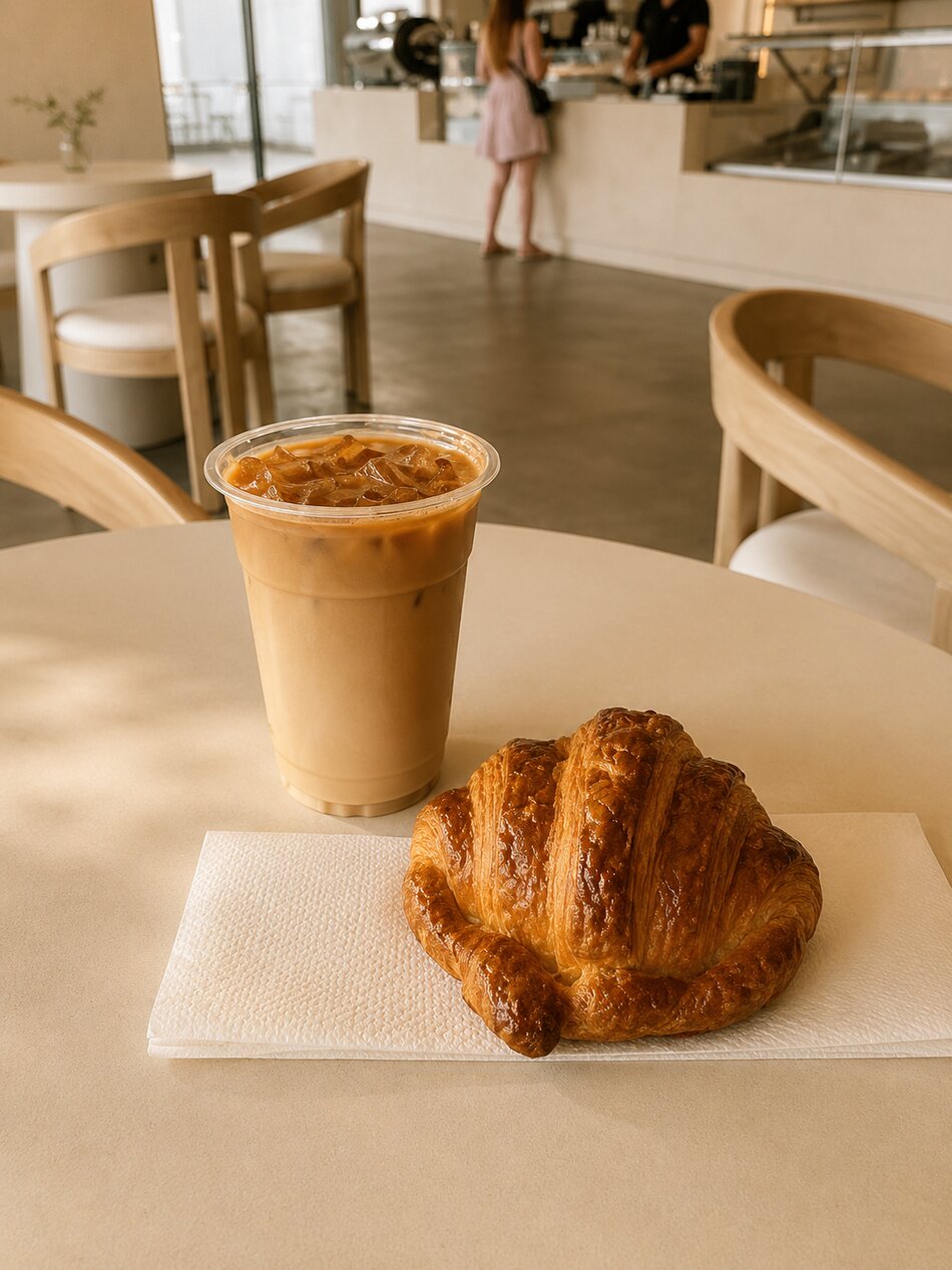 An iced latte beside a fresh croissant on a marble table